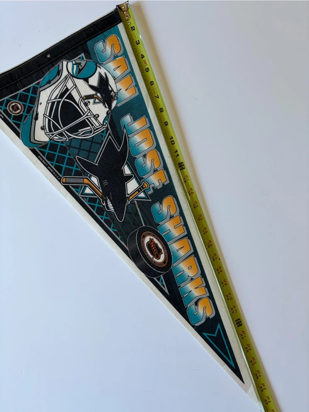 Vintage 1990s NHL San Jose Sharks Pennant Logo and Puck Teal, Black & Gold Ombré